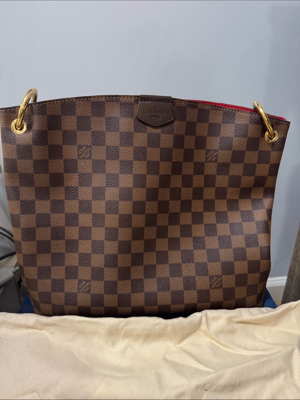 Louis Vuitton Brown Damier Ebene Tote with Red Trim and Gold Hardware